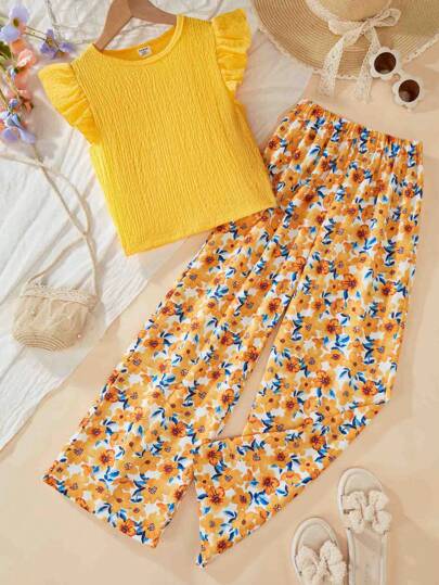 Sparklyn 2 st/set ljusorange stickad texturerad beskuren v-ringad ärmlös topp och små blommiga raka byxor med resår i midjan, casual semesterstil för tween-flickor, sommar höst vinter