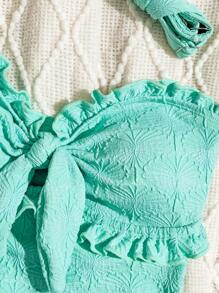 SHEIN Swim 女士纯色高衩荷叶边蝴蝶结连体泳衣，沙滩装 - 薄荷綠 - 查看 4