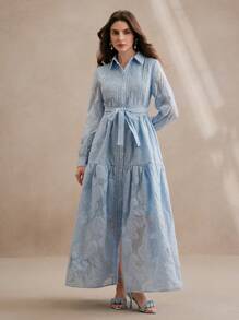 Anewsta 新款优雅纹理提花女式长袖连衣裙，春夏 - 藍色 - 查看 5