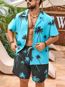 Surfspeed 加大码男士棕榈树印花衬衫和短裤沙滩套装，夏威夷风 - 薄荷藍 - 查看 4