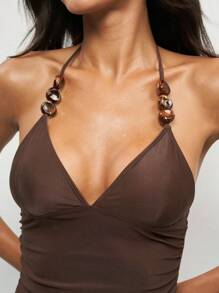 Swim Chiccia Bộ 2 áo bikini nữ màu nâu đính hạt cườm, kiểu dáng tam giác, dây rút, dây mảnh, thích hợp cho kỳ nghỉ xuân/hè, đi biển hoặc dự tiệc. - màu nâu - Xem 3