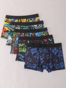 5pcs/Pack Tween Boy Fashionable Graffiti Print Underwear Fathers Day Gifts Puppy Summer Beach Summer Clothes - Multicolor - View 1