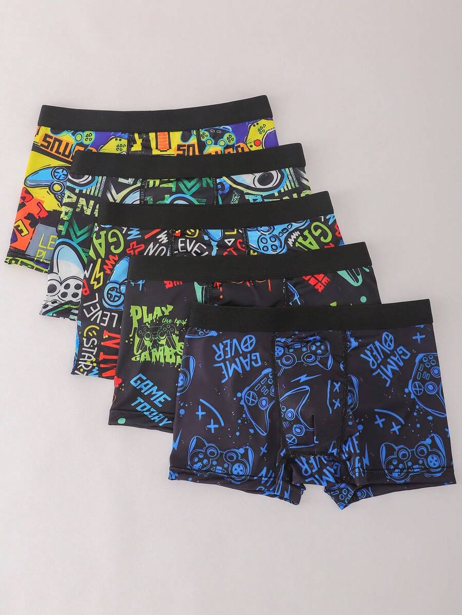 5pcs/Pack Tween Boy Fashionable Graffiti Print Underwear Fathers Day Gifts Puppy Summer Beach Summer Clothes - Multicolor - View 1