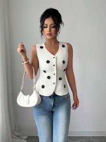 Gloray Elegant Sleeveless V-Neck Single-Breasted Floral Embellished Vest, Suitable For Spring And Summer