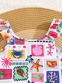 SHEIN Bộ đồ bơi liền thân cổ vuông viền bèo nhún họa tiết hoa nhiệt đới cho bé gái, thích hợp cho kỳ nghỉ hè ở bãi biển, mẹ và con gái, chị em gái mặc đồ ton sur ton, gia đình mặc đồ ton sur ton trong kỳ nghỉ, ngày lễ. - Nhiều màu - Xem 6