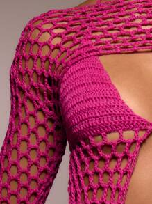 Musera Resort Áo khoác bolero móc len phối cùng áo hai dây cổ yếm và áo tay dài, thích hợp cho mùa xuân hè, kỳ nghỉ ở Ibiza, phong cách dễ thương, lễ hội, đi biển, boho, lễ hội hóa trang. - Màu Hồng Tươi - Xem 6