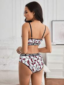 HELLO KITTY AND FRIENDS | SHEIN 女士全身印花撞色字母胶带内衣套装 - 黑色 - 查看 2