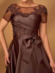 Serin Summer Elegant Gorgeous Romantic Coffee-Colored Mesh Splicing Satin Pleated Luxury Sequins Applique Short Sleeves Bow A-Line Hem Suitable For Dinner Bachelorette Party Date Holiday Dance Music Festival Wedding Event Evening Dress Bride Mother Dress, Valentine's Day - Coffee - View 2