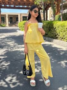 Nova Glow Tween Girl 2pcs Solid Color Ruffle Hem Crop Top And Pants Set - Yellow - View 3