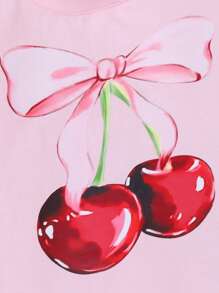 SHEIN Denimly Baby Girls 2pcs Outfit - Soft White Round Neck Short Sleeve Tee With Pink Cherry & Bow Print, And Elastic Waist Denim Straight Leg Pants With Bow Print - Pink - View 5