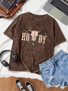 Tseoso Casual Loose Western Cowgirl Style Vintage Washed 100% Cotton Round Neck Short Sleeve T-Shirt For Women, Suitable For Summer Suitable For Going Out