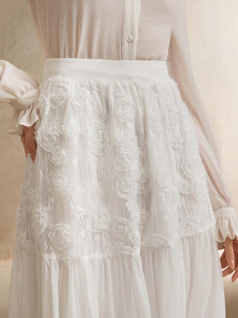 White Chiffon Women's A-Line Pleated Skirt, High Waist Wide Hem Beach Holiday Skirt