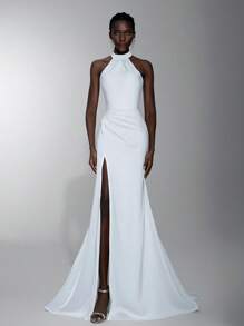 Elitara Elegant White Satin Shiny Elastic Minimalist Luxurious Halter Fishtail High Slit Backless Removable Rhinestone Chain Extra Long Trailing Dress, Suitable For Outdoor, Lawn, Beach, Wedding, Evening Party, Formal Occasion, Bride - White - View 5