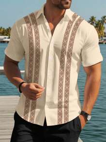 Manfinity RSRT Camisa casual de manga corta de solapa única con estampado geométrico para hombre, adecuada para vacaciones de verano
