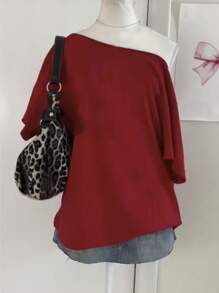 INAWLY 女士斜肩短袖T恤，夏季时尚