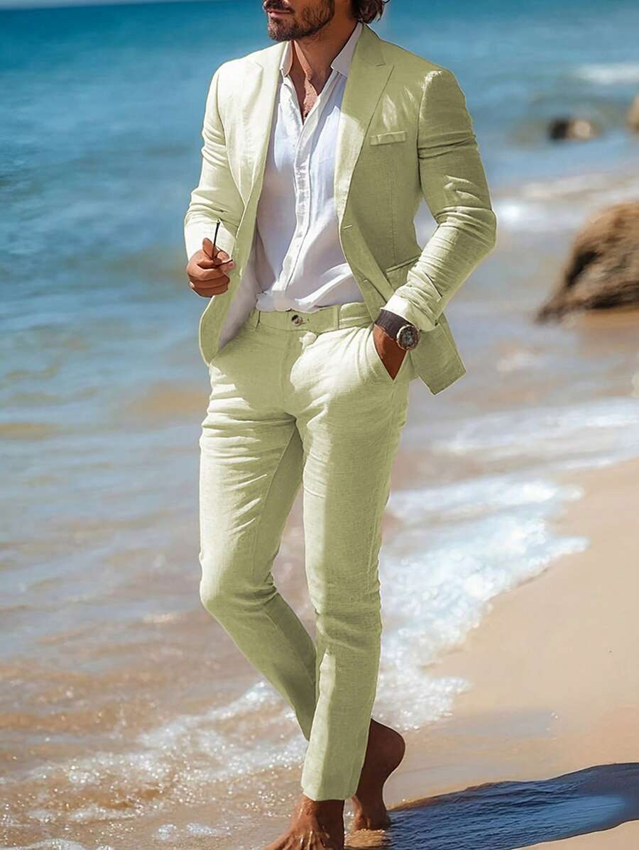Calvornis Men's Solid Color Pleated Long Sleeve Suit Jacket And Pocket Suit Pants Set - Green - View 1