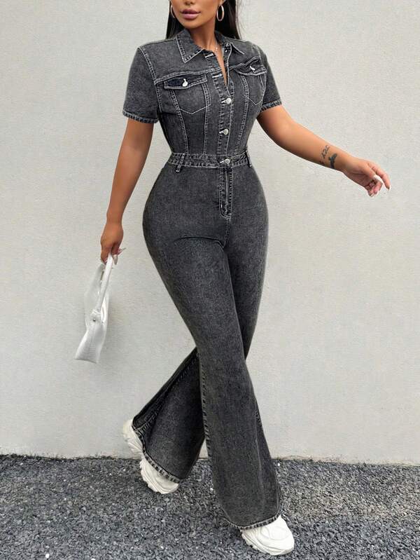SHEIN SXY Combinaison en jean élégante et ajustée grandes tailles avec manches évasées courtes, noire