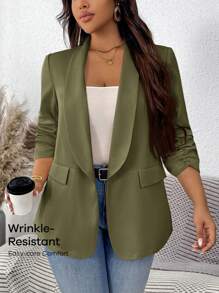 SHEIN LUNE Blazer informal de manga abullonada talla grande para otoño - Verde Oliva - Ver 8