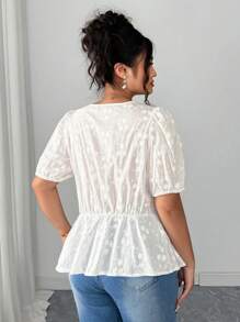 Elenzga Plus Size Women Elegant Short Sleeve Tie-Neck Blouse With Vintage Palace-Style Floral Embroidery And Exquisite Ruffle Puff Sleeve, For Spring/Summer - White - View 2