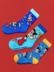 Astro Boy X SHEIN 3 Paar Baumwoll Kinder Socken mit süßen Cartoon Motiven, feuchtigkeitsableitend, atmungsaktiv und weich, Mittelhöhe, verstärkte Zehen und Fersen für Haltbarkeit, geeignet für alle Jahreszeiten, Schule und Alltag, blau