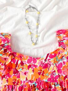 SHEIN 女童休闲花卉印花荷叶边斜领泡泡袖衬衫 - 玫紅色 - 查看 10