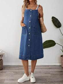 SHEIN Vestido peto vaquero casual de una sola de botones con bolsillos para maternidad