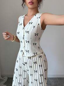 Rafferiza 女士两件套服装：浪漫法式街头风格 V 领蝴蝶结开衫和百褶裤套装，春夏时尚 - 杏色 - 查看 6