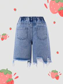 少女休闲舒适百搭户外度假牛仔短裤，松紧腰带拉链口袋，草莓印花，不对称剪裁，猫须饰边