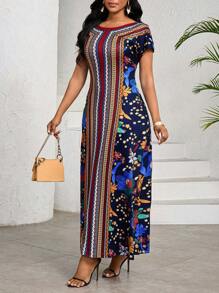 SHEIN Lady 夏季优雅圆领几何印花连衣裙 女士长款连衣裙