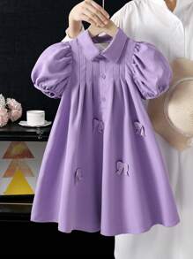 Wildeya Vestido casual lindo de manga corta abultada con moño decorativo y unicolor para niña