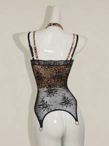 SHEIN ICON 性感豹纹吊带背心，搭配透明蕾丝两件套蕾丝花边短款上衣 - 黑色 - 查看 10