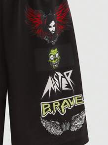 SHEIN Explorewe 2 szt. młodzieżowy vintage cartoon print krótki rękaw dopasowany crop top i luźny cartoon print 5 szortów, swobodny uniwersalny strój letni - Czarne - Zobacz 4