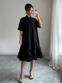 Selianne 女士宽松艺术设计荷叶边拼接裙摆连衣裙，夏季 - 黑色 - 查看 7