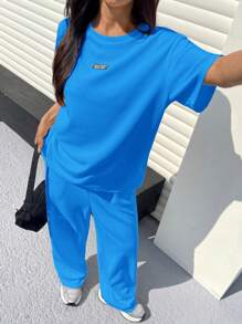 Muchica 女士纹理白色休闲宽松T恤和裤子两件套