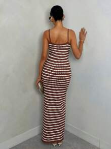 Glamine 中长款黑白条纹优雅女士针织吊带裙，春夏 - 棕色 - 查看 2