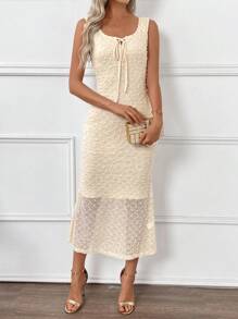 SHEIN LUNE Women's Solid Color Elegant Round Neck Sleeveless Long Dress, Summer - Apricot - View 8