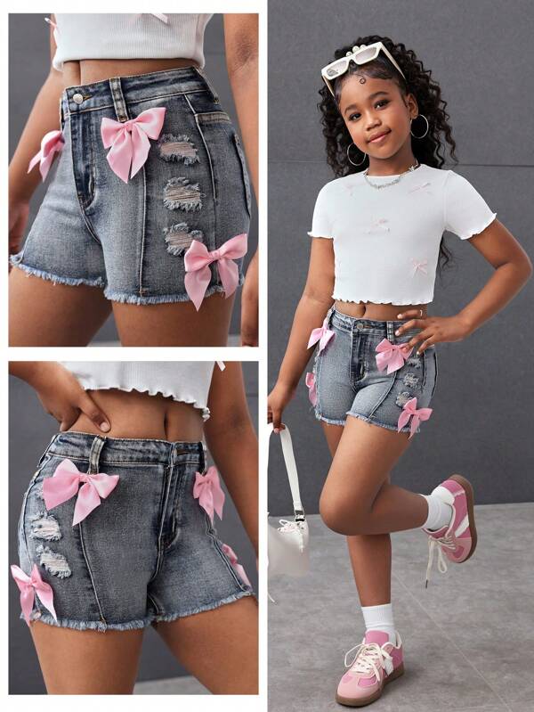 SHEIN Tween Girls Fashion Casual Y2k Vintage Cut Out Ripped Frayed And Pink Big Bow Blue Stretch Tight Denim Shorts For Kids Clothes Girls Costume Dailywear And Kids Summer And Spring Rave Outfits Festival And Beach Outfits Clothes
