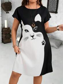 EMERY ROSE Plus Size Women Cat Print Crew Neck Short Sleeve Casual Straight Dress,Country Casual Vacation Outfits Woman,Simple And Fashionable For Everyday Wear,Summer Tops Women,Vacation Outfits Woman Summer Outfits For Women Office Wear, Vacation Outfits Woman, Summer Outfits For Women Festival Boho,Holiday Outfit,Summer Outing Clothes,Simple & Fashionable Plus Size Women Clothes - Black and White - View 1