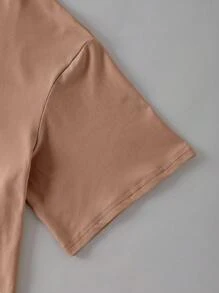 INAWLY Plus Size Casual Round Neck Short Sleeve Letter Print T-Shirt - Khaki - View 5