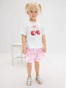 SHEIN 2 Pcs Girl Casual Plain T-Shirt With Strawberry Print And Shorts Set, Comfortable & Simple - White - View 1