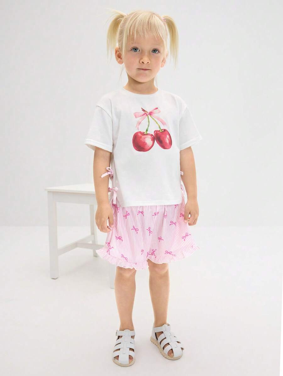 SHEIN 2 Pcs Girl Casual Plain T-Shirt With Strawberry Print And Shorts Set, Comfortable & Simple - White - View 1
