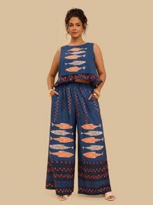 Travachic Conjunto informal de 2 piezas, informal, tipo vacacional y bohemio, con estampado, holgado, para mujeres de talla grande