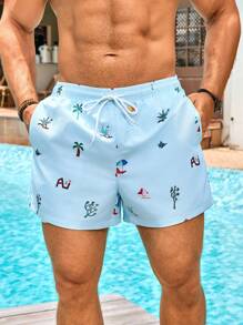 Manfinity Swimmode Men's Casual All-Over Print Beach Shorts, Hawaiian, Light Blue Swim Trunks, Baby Blue Swim Trunks, Men Palm Tree Swim Shorts, Pool Shorts, Baby Blue Men Shorts - Baby Blue - View 6