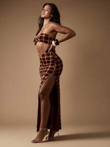 MISSGUIDED Plaid Pattern Cut Out Knitted Maxi Dress Evening Gown Side Slit Crystal Ring Detail High Fashion Formal Dress Special Occasion Wear - Brown - View 6