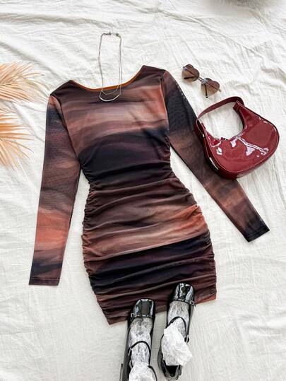 Soleia Plus Size Women Holiday Mesh Side Ruched Print Long Sleeve Dress , Fall