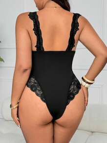 Flirla Black Lace Patchwork High-Stretch Bodysuit, Fashionable Suitable For Summer - Black - View 2