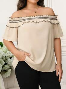 SHEIN Clasi Women Plus Size Ruffled Off-Shoulder Short Sleeve Fashionable Blouse Top - Apricot - View 5