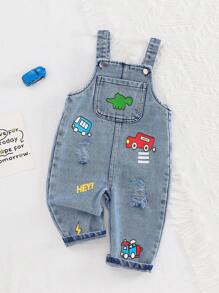 SHEIN Playful Pals 1pc Baby Boys' Denim Jumpsuit Vintage Cute Cartoon Dinosaur & Car & Letter Print Overall Jumpsuit, Casual Matching Tee/Shirt, Adjustable Straps, Summertime Fashionable Daily Wear - Blue - View 1