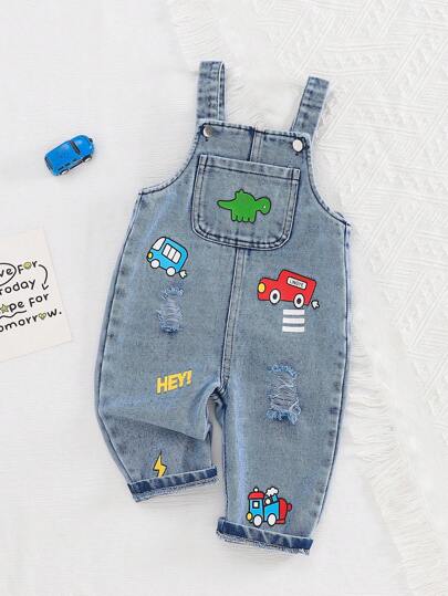 SHEIN Playful Pals 1pc Baby Boys' Denim Jumpsuit Vintage Cute Cartoon Dinosaur & Car & Letter Print Overall Jumpsuit, Casual Matching Tee/Shirt, Adjustable Straps, Summertime Fashionable Daily Wear