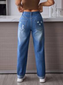SHEIN PETITE Women's Casual Washed Floral Embroidery Ripped Jeans - Blue - View 2
